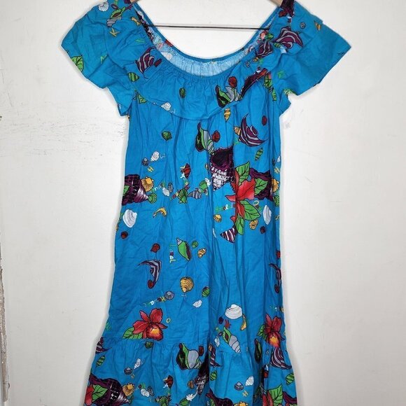 Vintage Hilo Hattie Hawaiian Tropical Blue Tiered Cotton Dress Fish Retro sz M - Picture 1 of 9